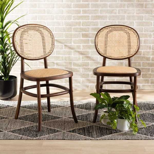 Garold Mid-Century Brown Woven Rattan and Walnut Brown Wood 2-Piece Cane Dining Chair Set PR, Baxton Studio, Mfr#: 195-2PC-12387-ZORO